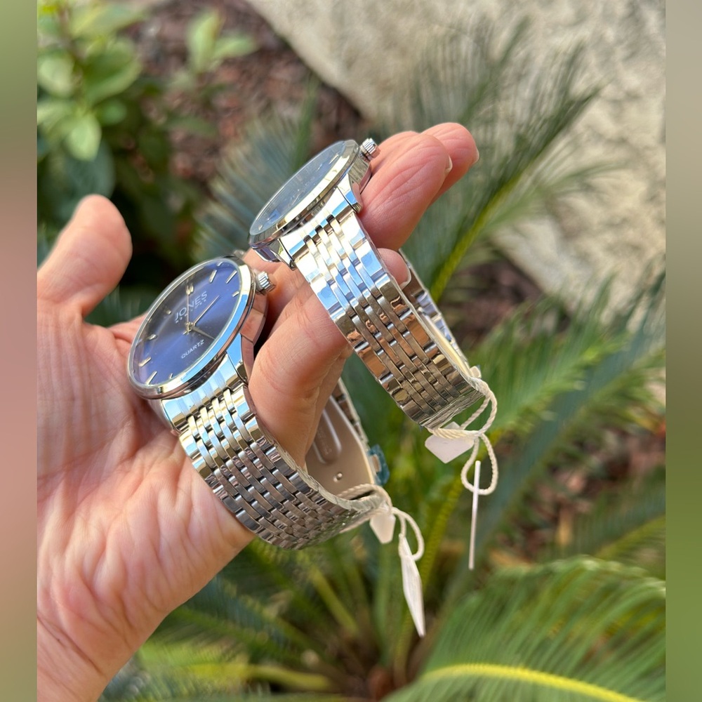 🆕 Jones New York His & Hers Watch Chrome Blue Face Bracelet Watch Gift Set - Picture 7 of 15